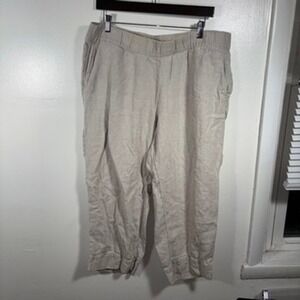 Pure Jill 100% Linen Pants Women Sz L Beige 100% Linen Elastic Waist Crop Barrel